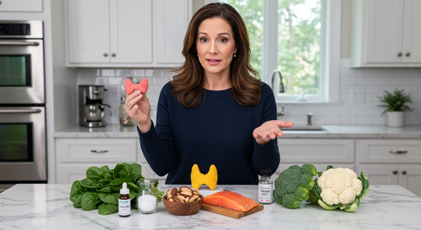 Woman holding thyroid model while examining various foods and supplements on marble counter in bright kitchen