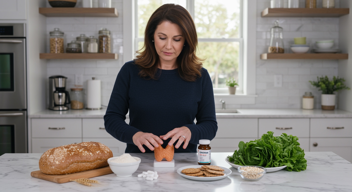 Woman touching thyroid model on marble counter with bread, flour, medication, and gluten-free foods in bright kitchen
