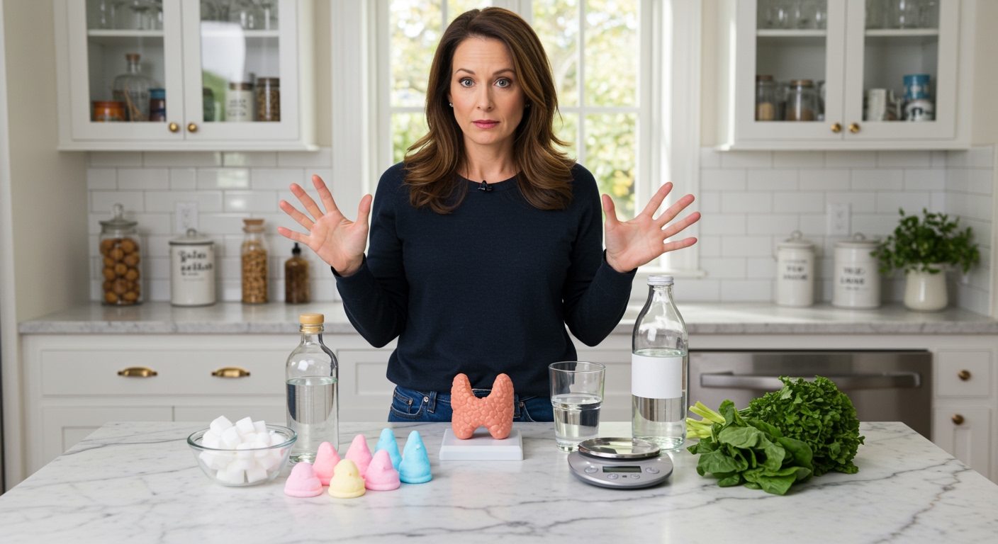 Woman standing behind marble counter with thyroid model, marshmallow peeps, sugar bowl, vegetables, and water in bright kitchen