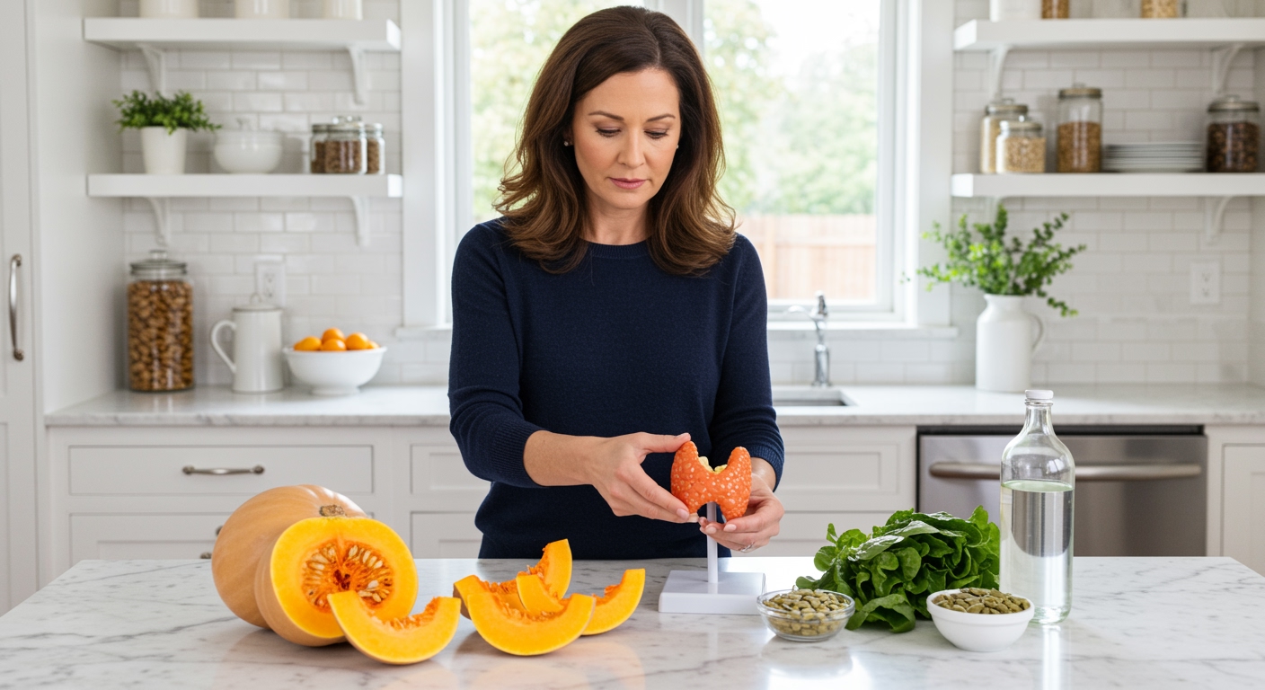 Woman holding thyroid model on marble counter with butternut squash, seeds, greens, and supplements in bright kitchen