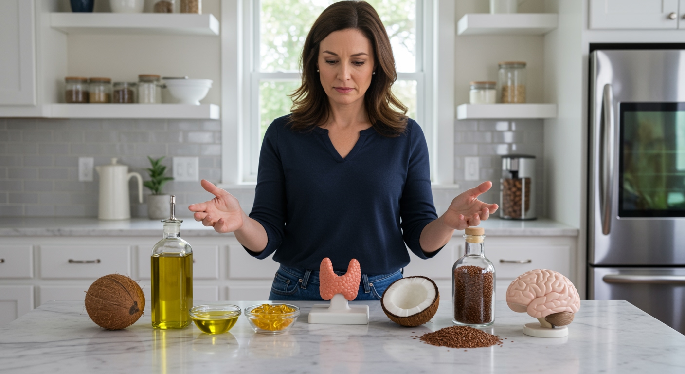 Woman standing behind marble counter reaching toward thyroid gland model and oil bottles with supplements and healthy fats visible