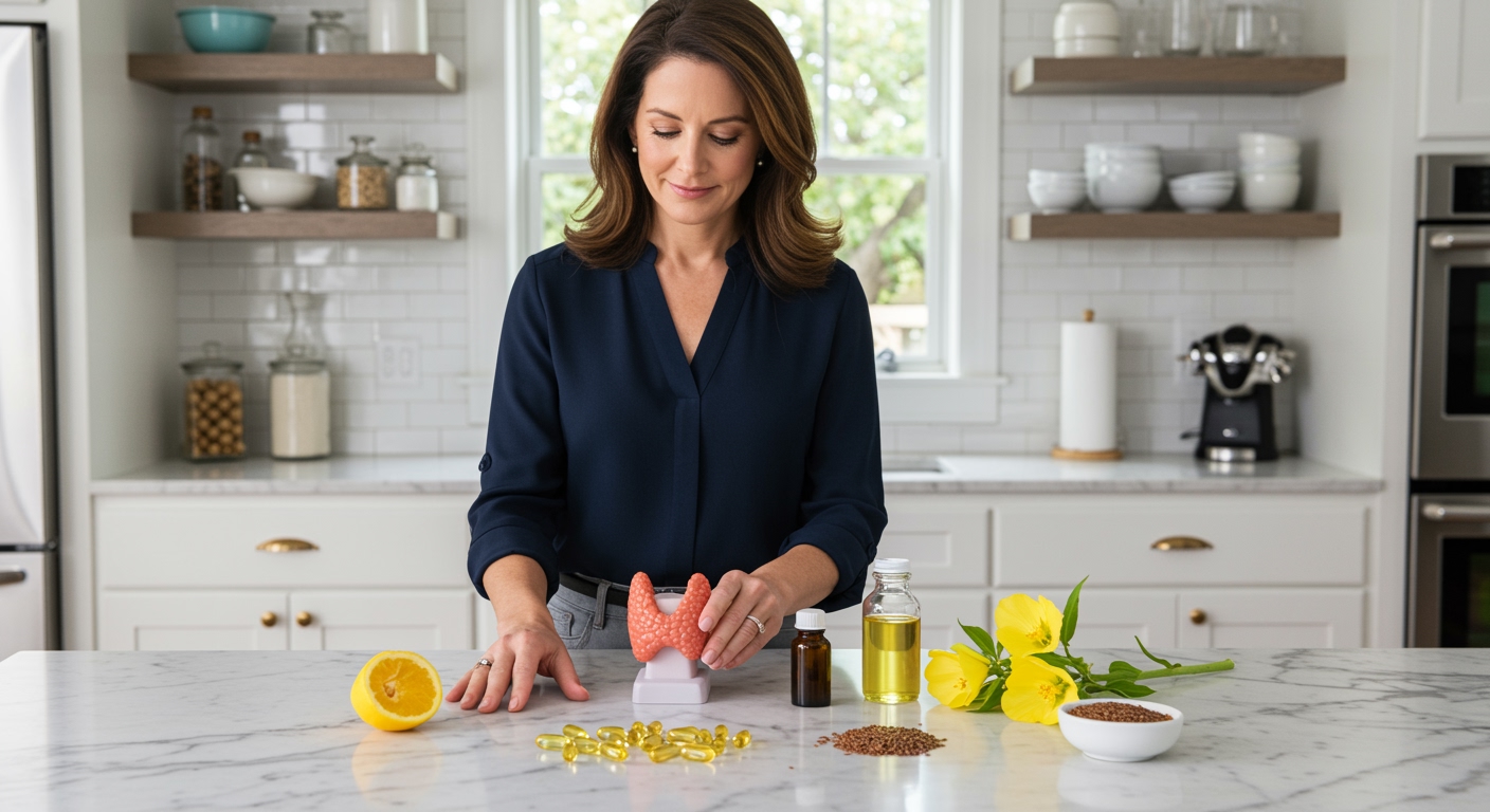 Woman holding thyroid gland model while standing behind marble counter with evening primrose oil capsules and flowers arranged nearby