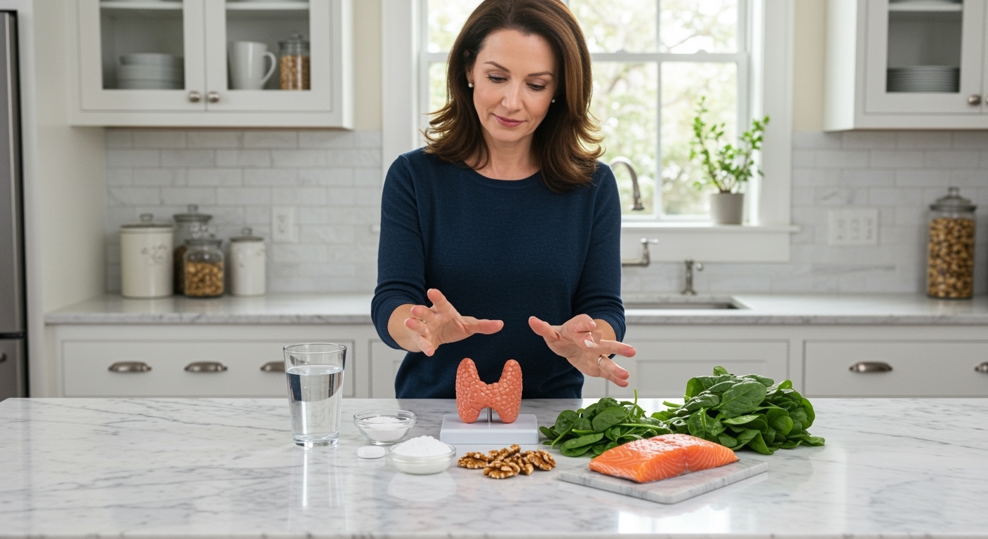 Middle-aged woman in navy sweater examining thyroid model on marble counter with supplement powder, fish, nuts, and vegetables