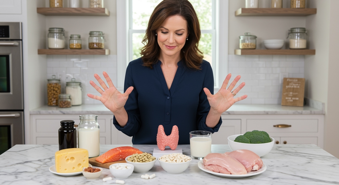 Middle-aged woman standing behind marble counter gesturing toward thyroid model and protein foods including salmon, cheese, and chicken