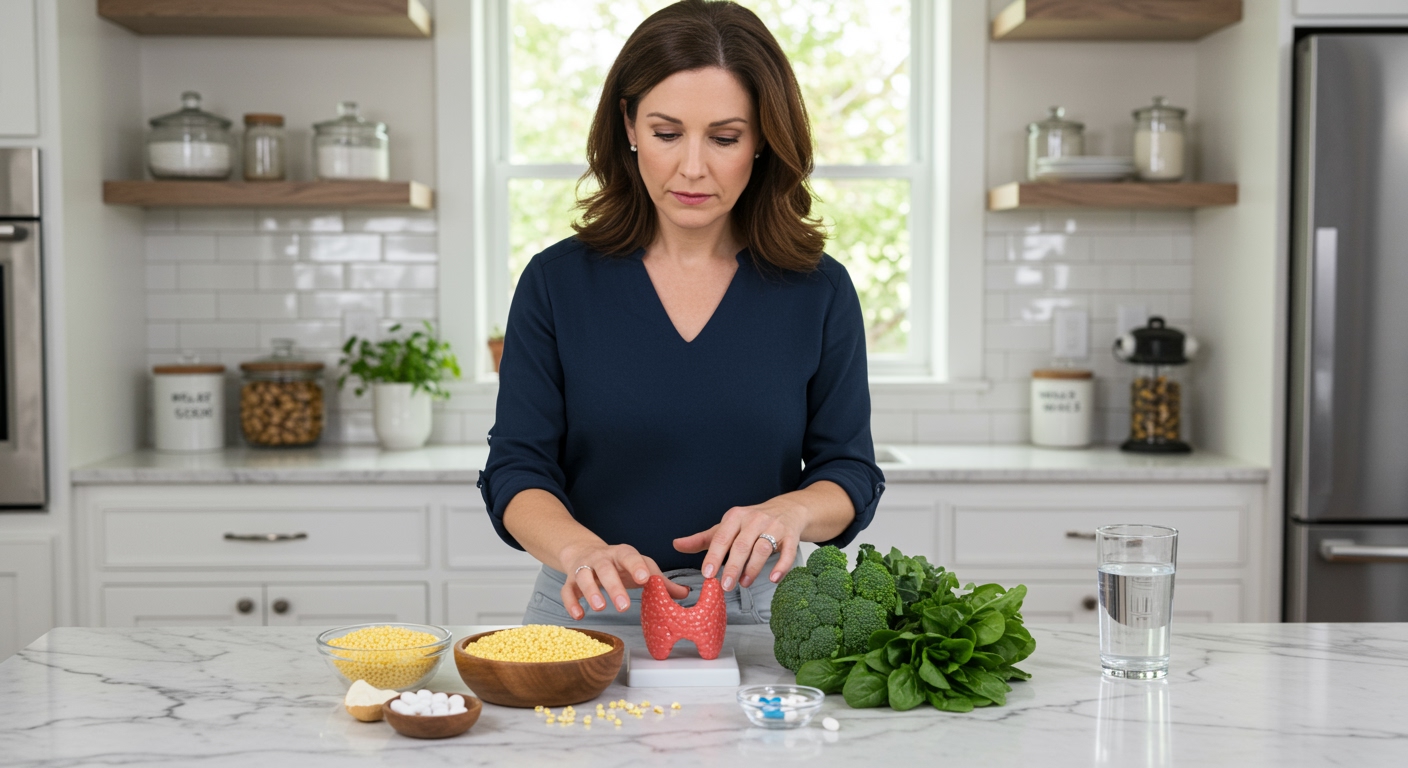 Woman standing behind marble counter examining anatomical thyroid model with millet grains and vegetables in modern kitchen