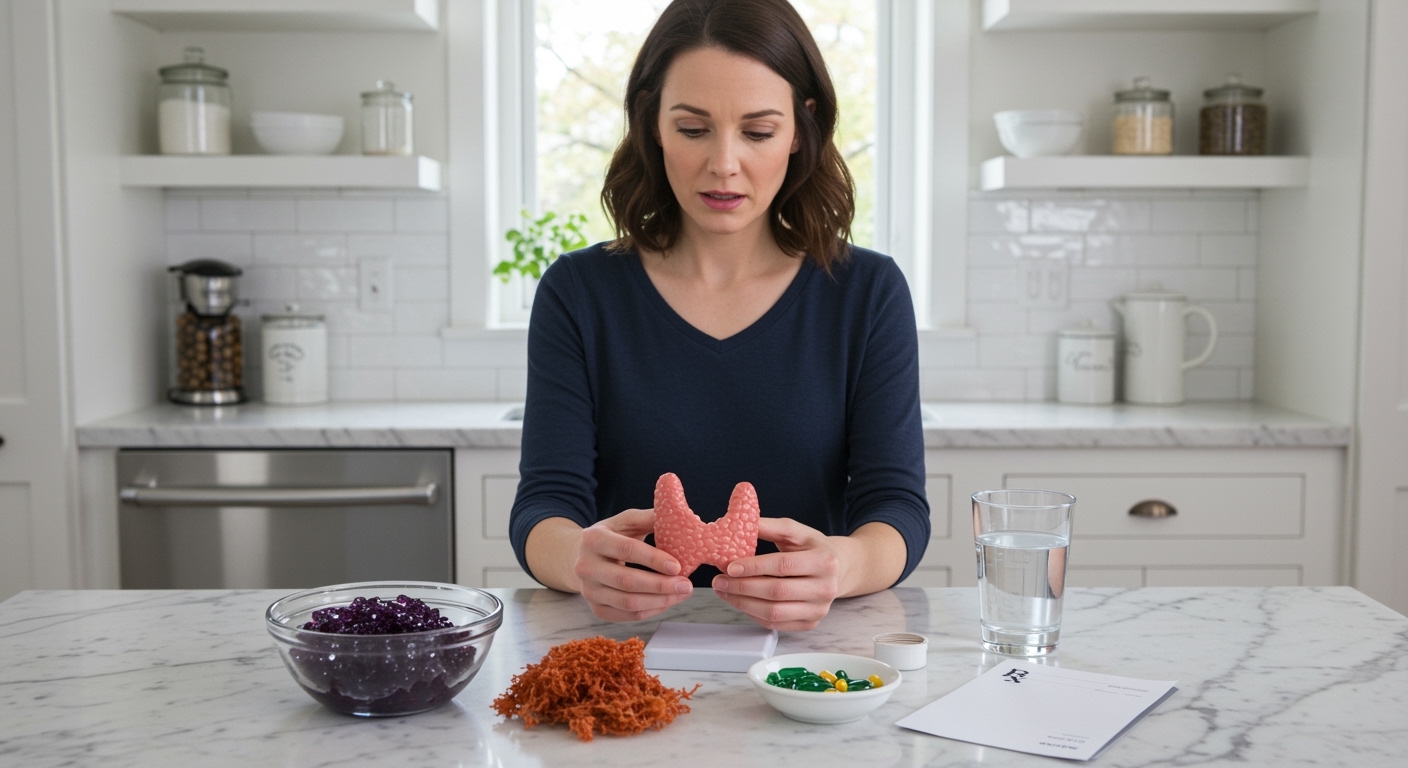 Woman holding thyroid gland model while standing behind marble counter with sea moss gel, dried seaweed, and supplements