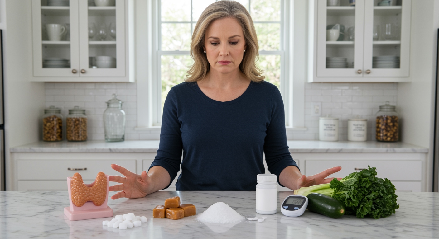 Woman standing behind marble counter with thyroid model, toffee pieces, sugar, glucose meter, medication bottle, and vegetables displayed