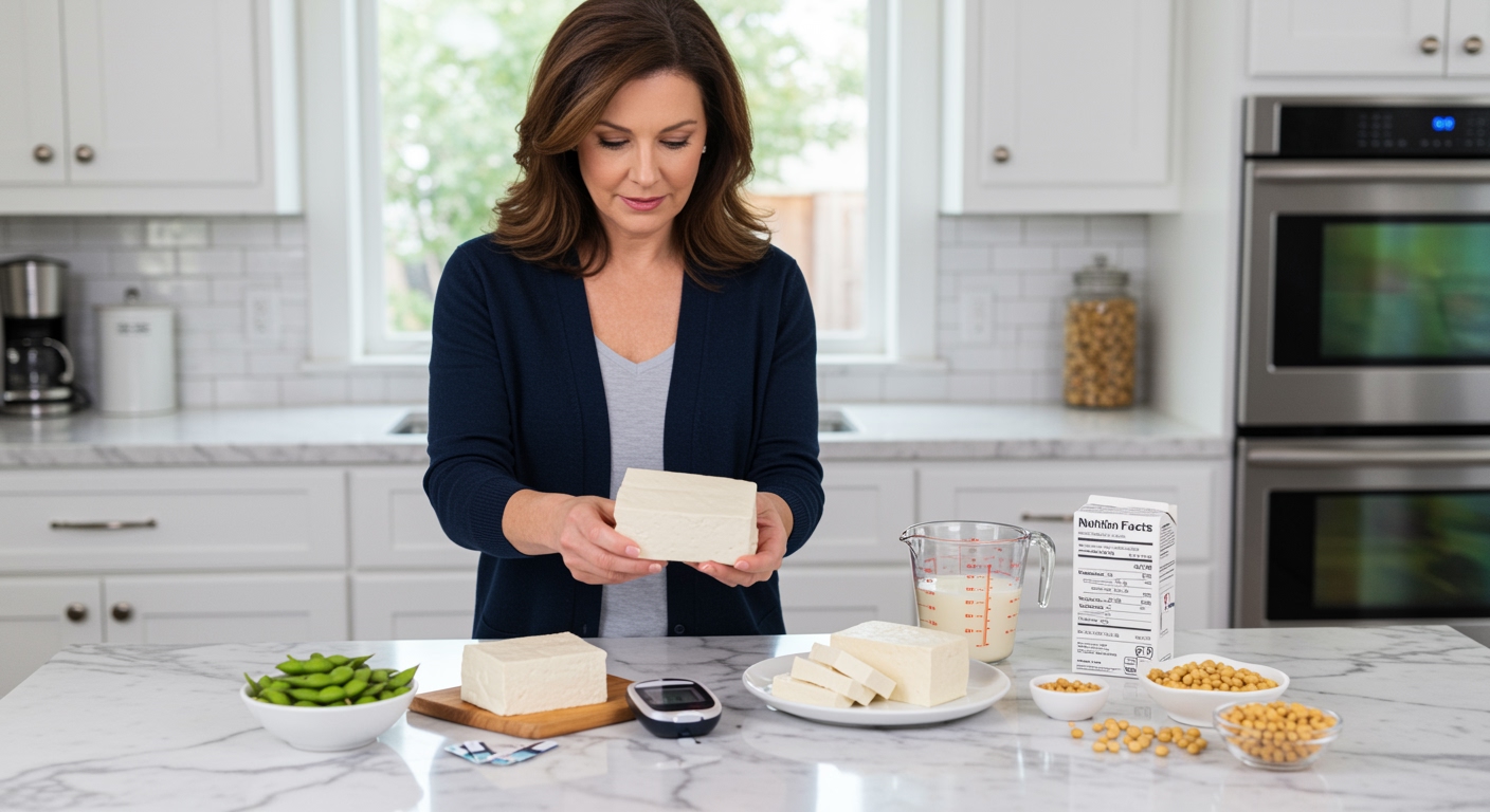 Middle-aged woman holding tofu block while standing behind marble counter with blood glucose meter and soy products in kitchen
