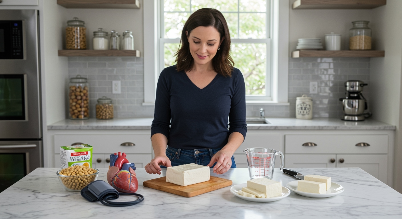 Woman holding tofu block on cutting board with heart model, blood pressure monitor, soybeans, and kitchen tools on marble counter