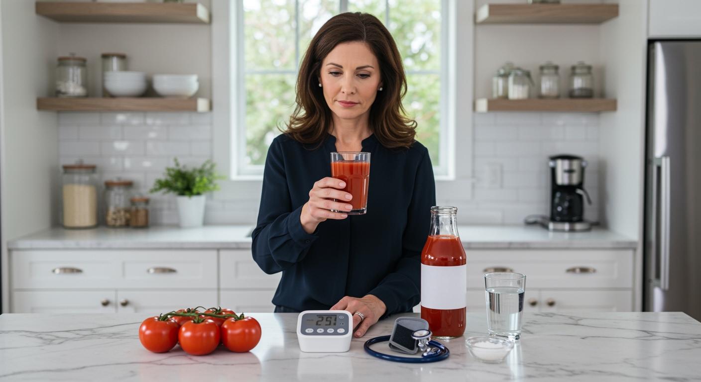 Woman holding tomato juice glass standing behind marble counter with blood pressure monitor and fresh tomatoes in modern kitchen