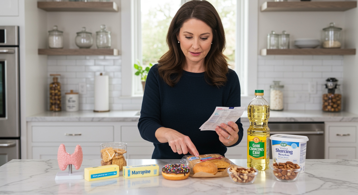 Woman examining packaged foods and thyroid model on marble countertop with cooking oils and baked goods in bright kitchen