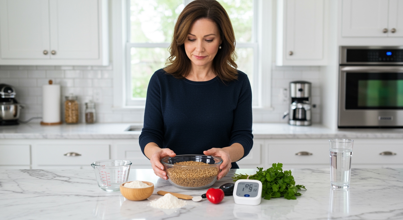 Woman examining triticale grains in bowl on marble counter with blood pressure monitor and heart health items visible