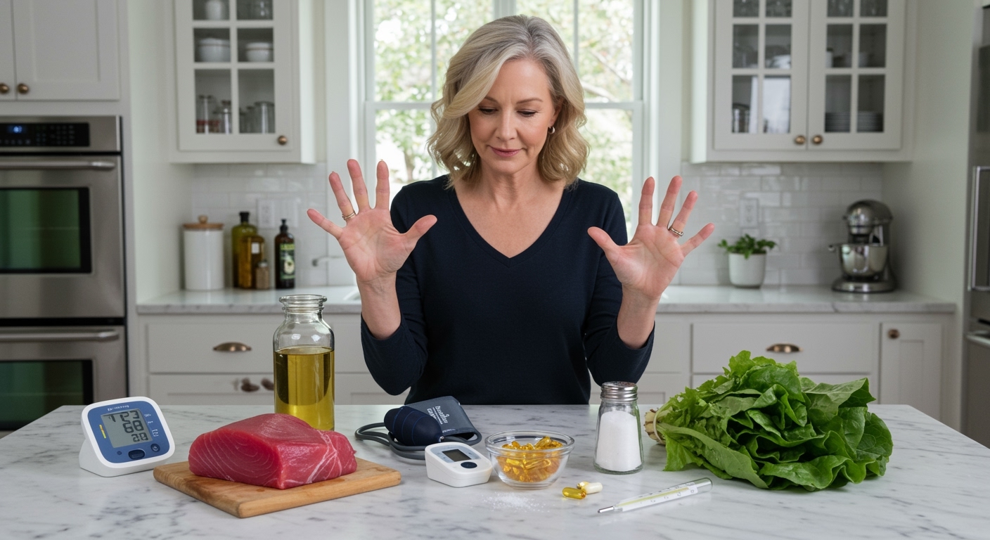 Woman standing behind marble countertop looking at fresh tuna steak and blood pressure monitor with omega-3 capsules and vegetables