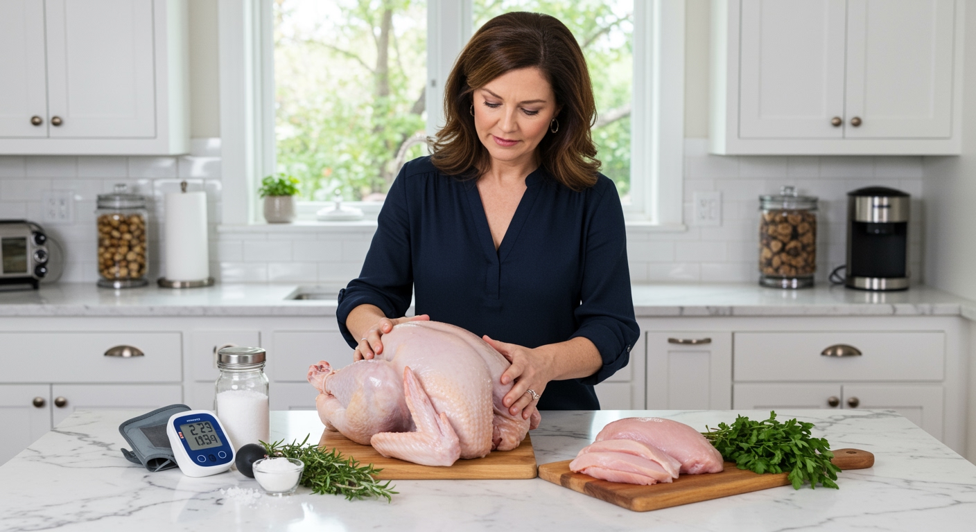 Middle-aged woman examining whole raw turkey on marble countertop with blood pressure monitor and cooking ingredients nearby