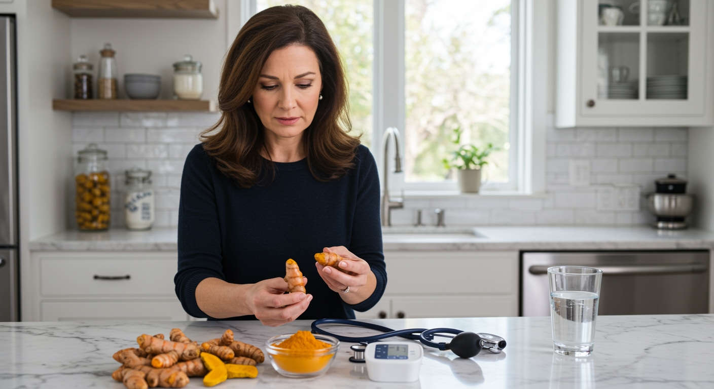 Woman holding fresh turmeric roots while examining blood pressure monitor and medical equipment on marble countertop