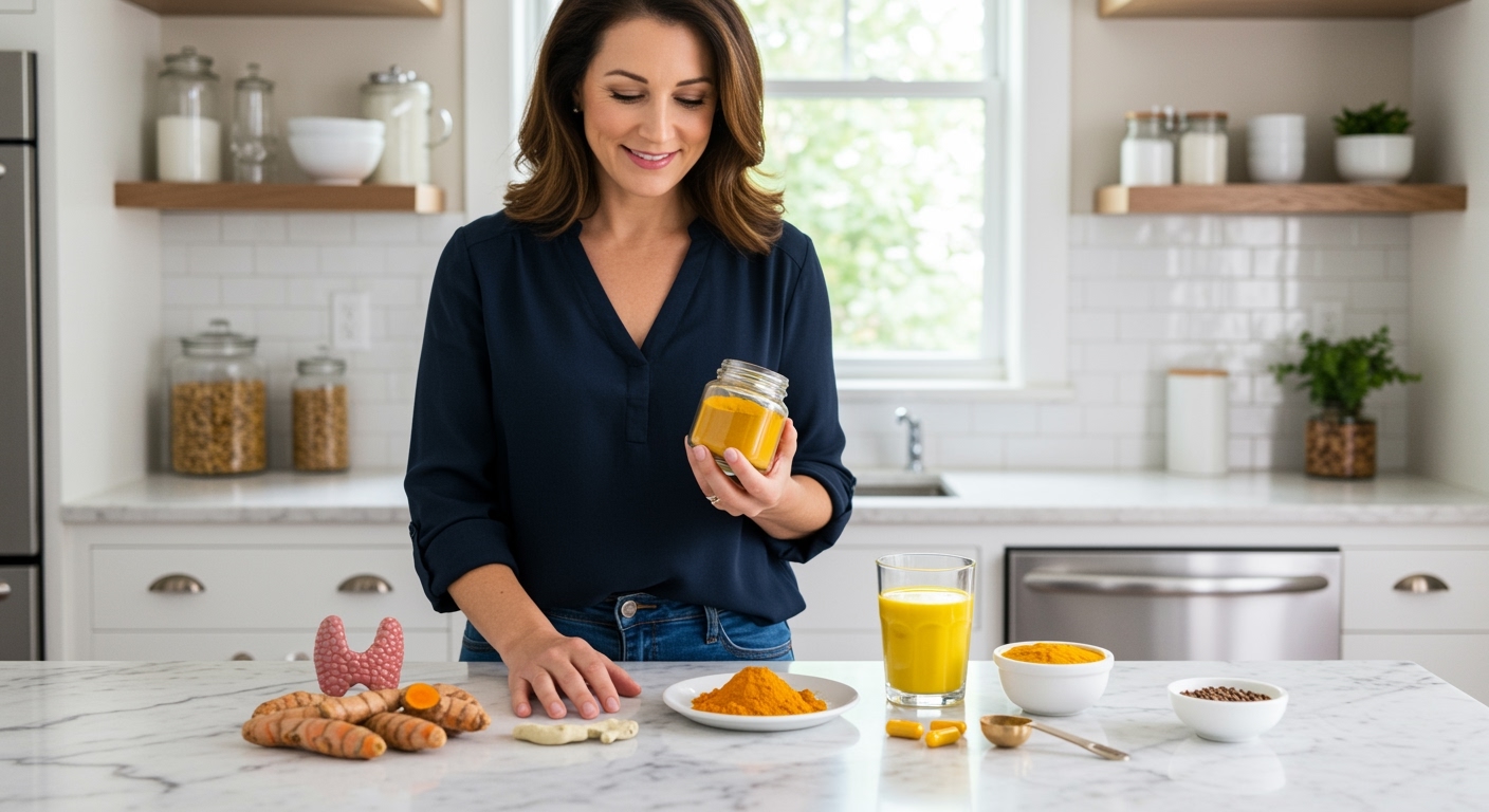 Woman holding turmeric jar at marble counter with thyroid model, fresh turmeric roots, powder, and supplements in sunlit kitchen