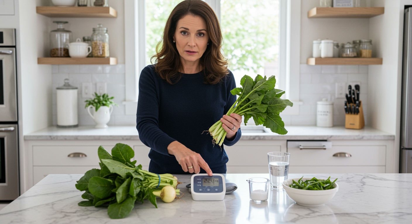 Woman holding turnip greens while pointing to blood pressure monitor on marble countertop with salt and water in modern kitchen