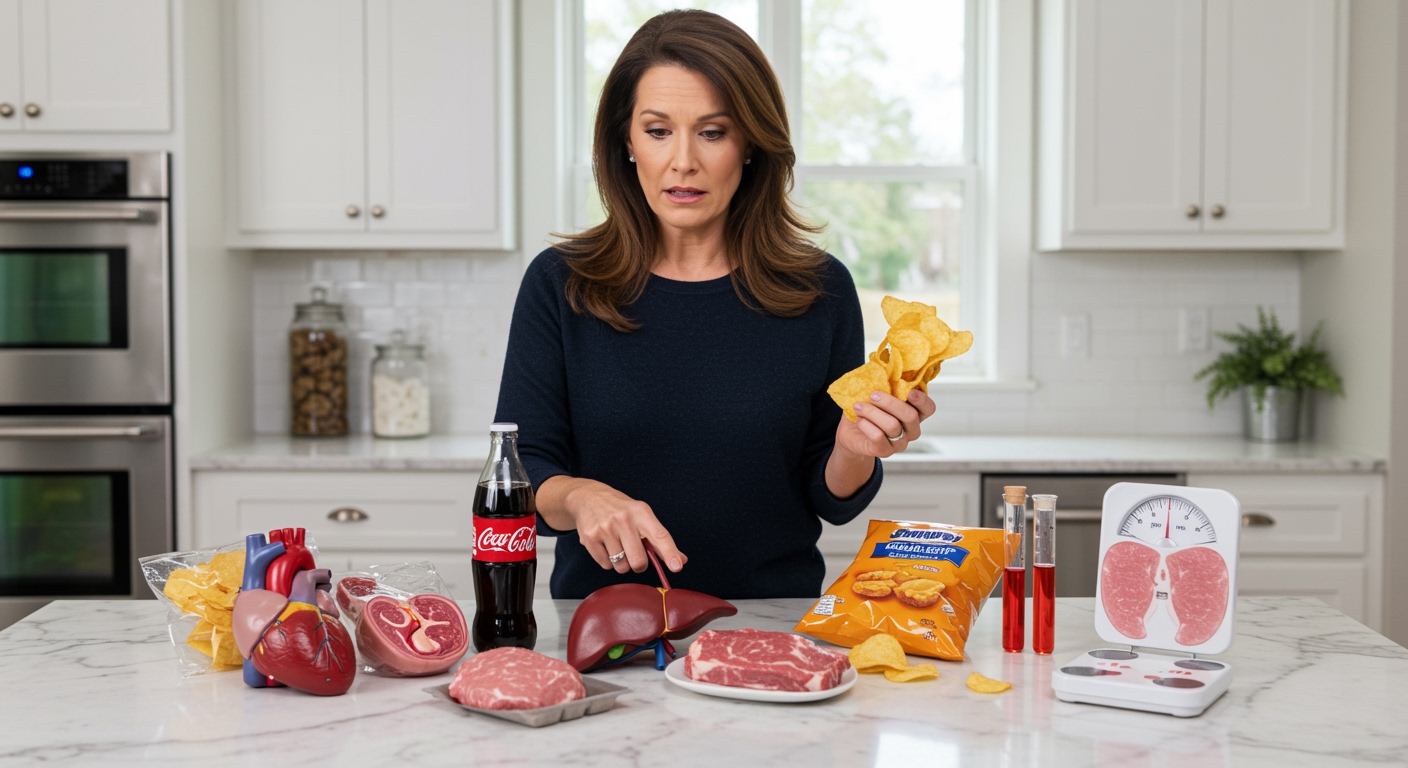 Woman holding packaged snack pointing to inflammation markers on kitchen counter with processed foods and health models