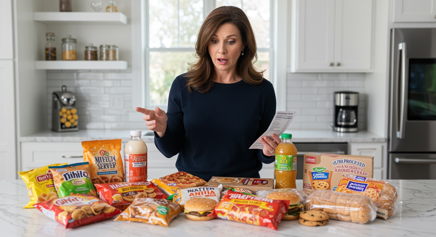 Woman holding nutrition label while examining various ultra-processed food packages on white marble kitchen countertop
