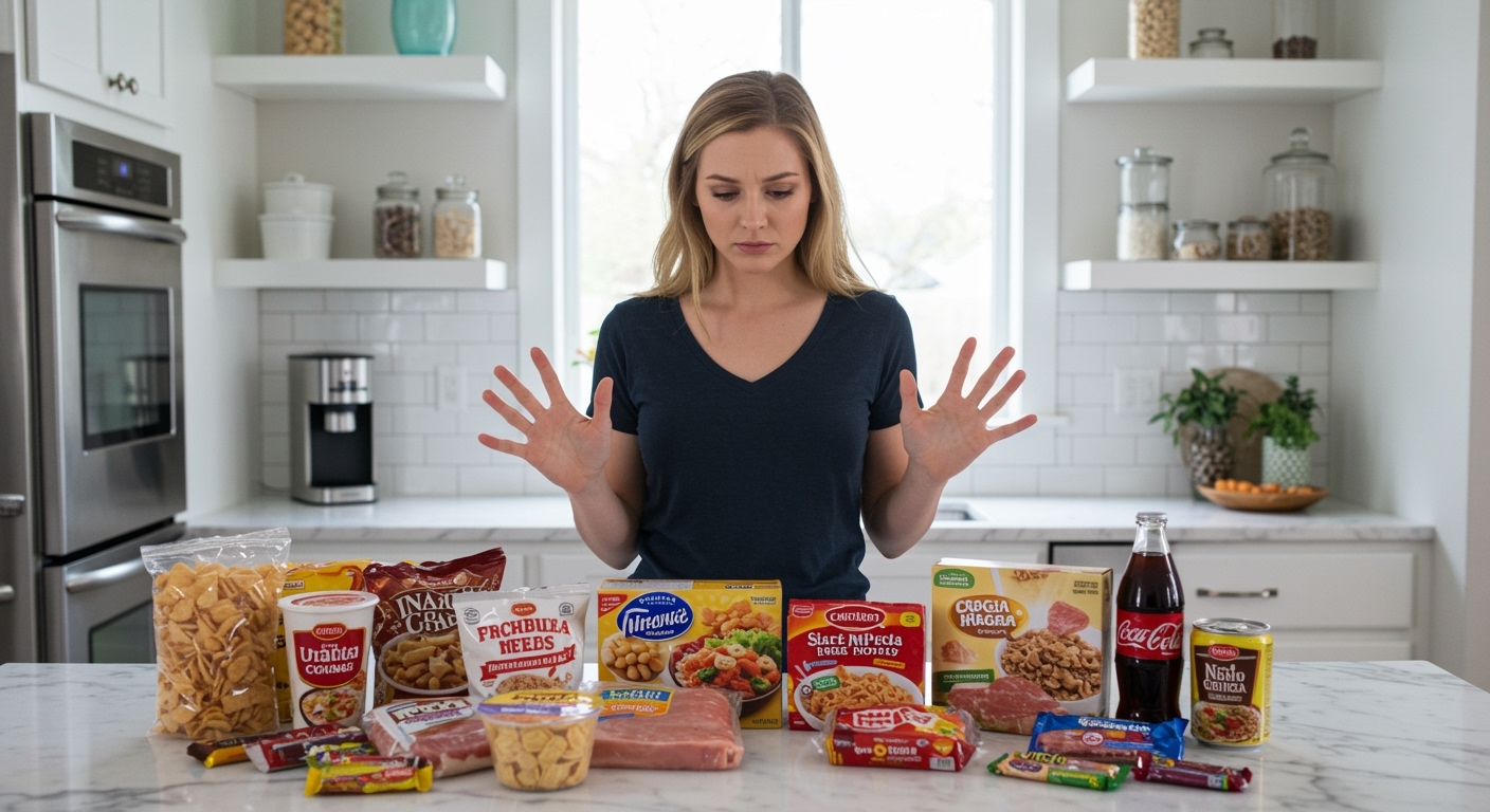 Young woman in dark blue shirt standing behind white marble counter examining packaged ultra-processed foods in bright modern kitchen