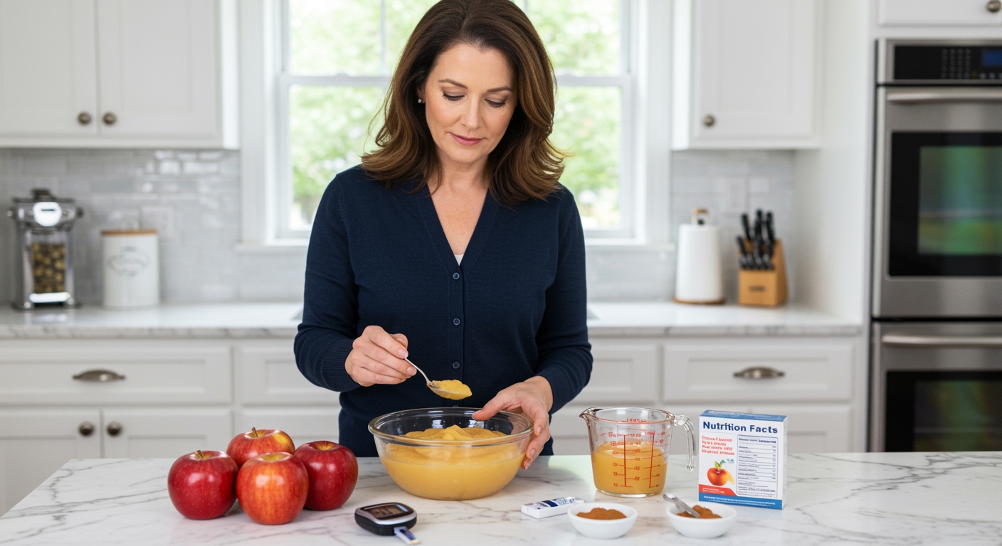 Middle-aged woman in navy cardigan examining bowl of applesauce with spoon while blood glucose meter and fresh apples sit on marble counter