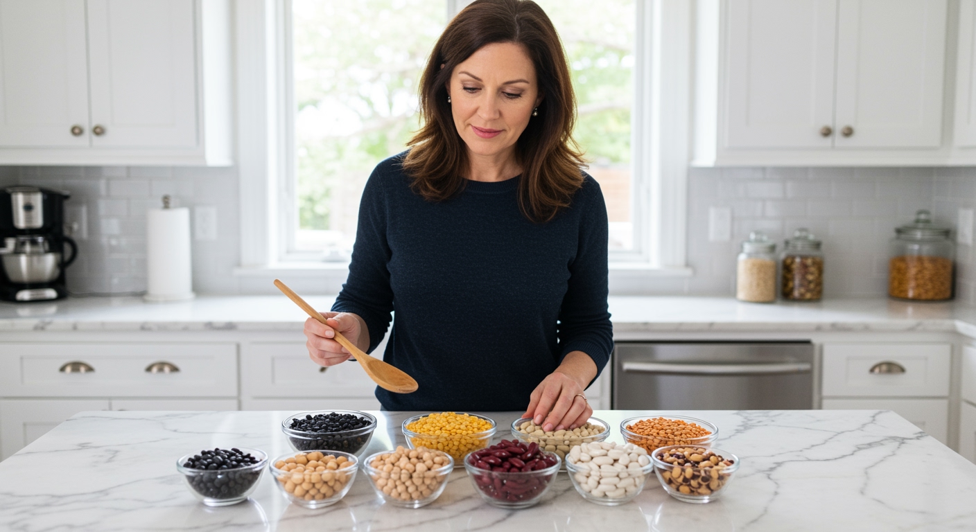 Woman examining different types of beans and legumes in glass bowls on white marble kitchen countertop with natural lighting