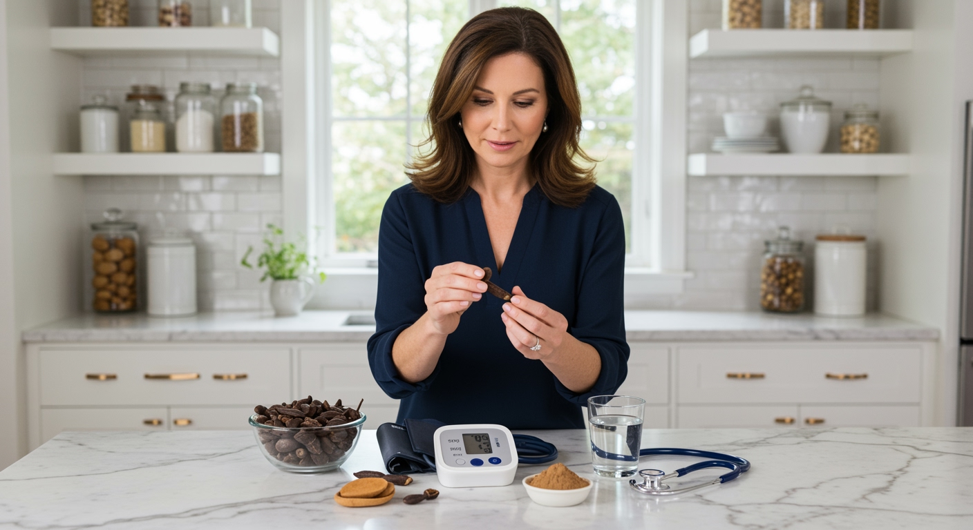 Woman holding velvel bean pod with blood pressure monitor and health items arranged on white marble kitchen counter