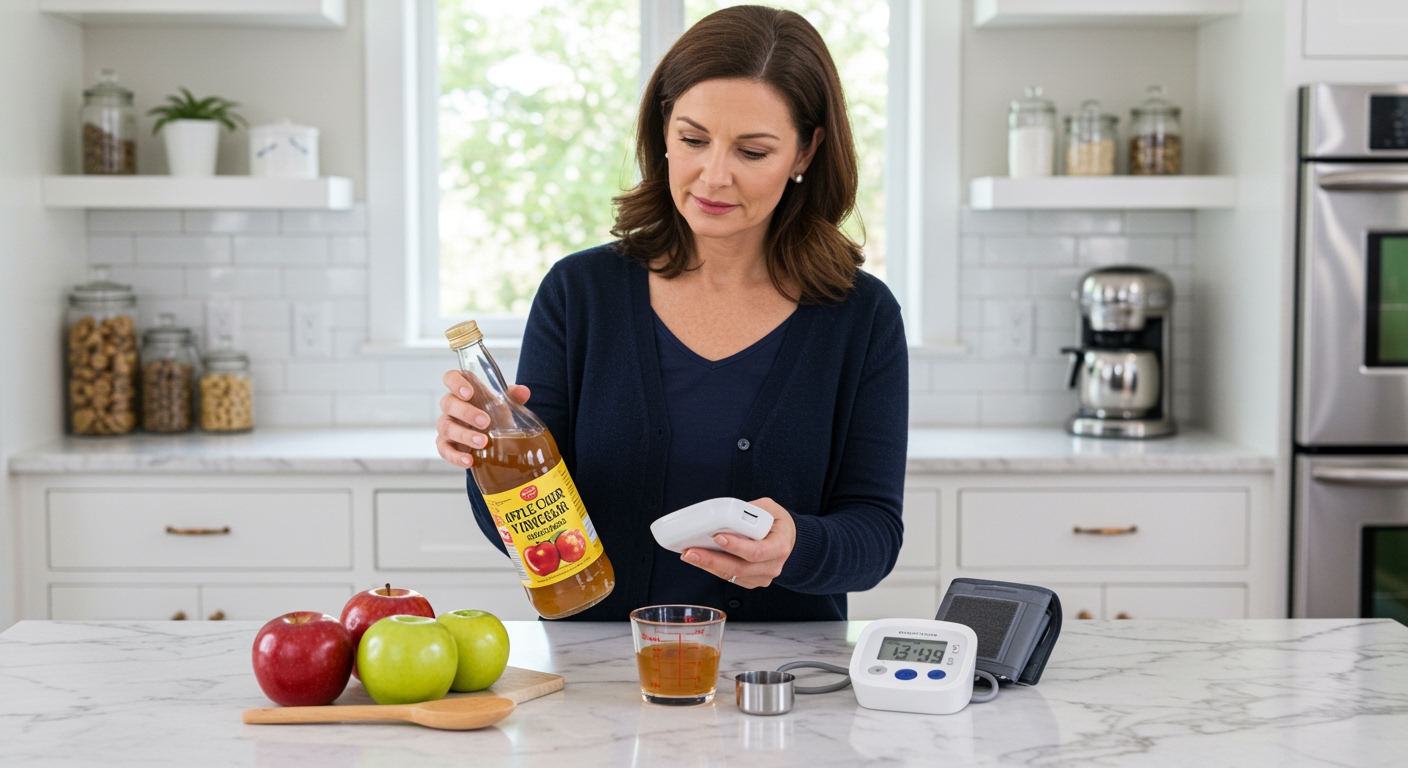 Middle-aged woman holding vinegar bottle and blood pressure monitor on marble counter with health-related items in modern kitchen