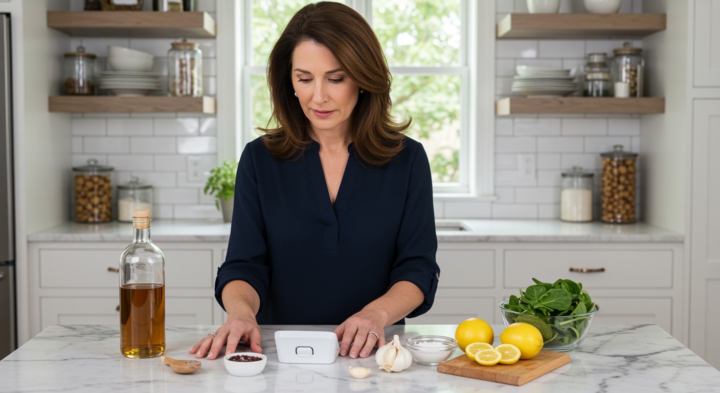 Middle-aged woman standing behind marble counter with vinegar bottle, blood pressure monitor, and health items in bright kitchen