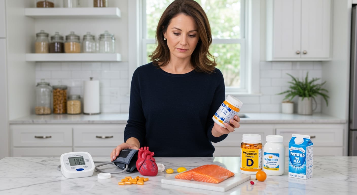 Woman holding blood pressure monitor and vitamin D bottle with heart model and health items on marble kitchen counter
