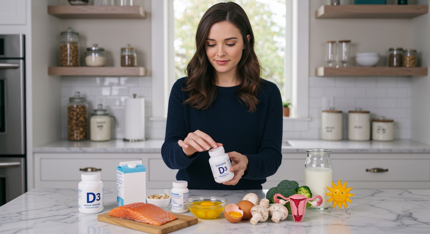 Woman examining vitamin D supplement bottles on marble counter with PCOS-related items in bright modern kitchen