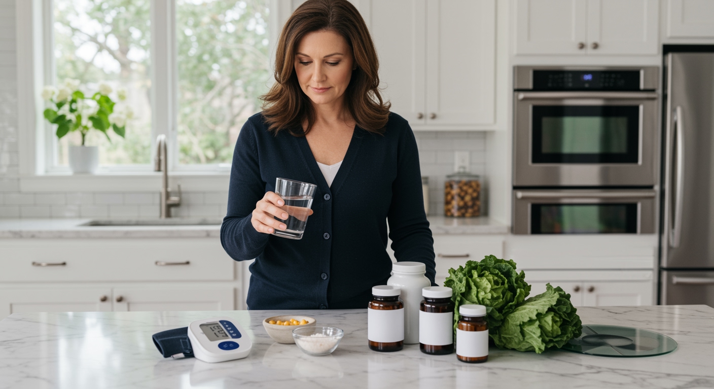 Woman holding glass of water examining vitamin supplements and health monitoring equipment on marble kitchen counter