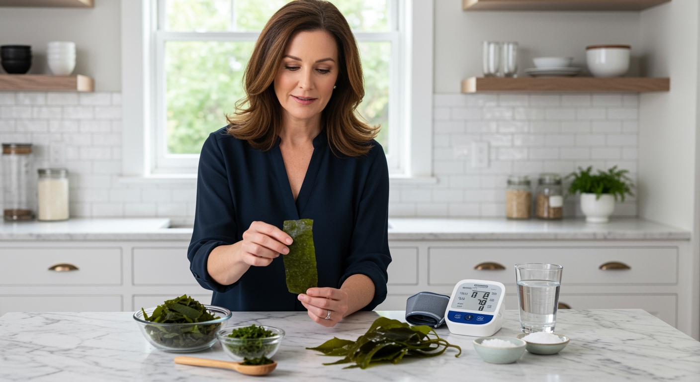 Middle-aged woman holding wakame seaweed behind marble counter with blood pressure monitor and health items in modern kitchen