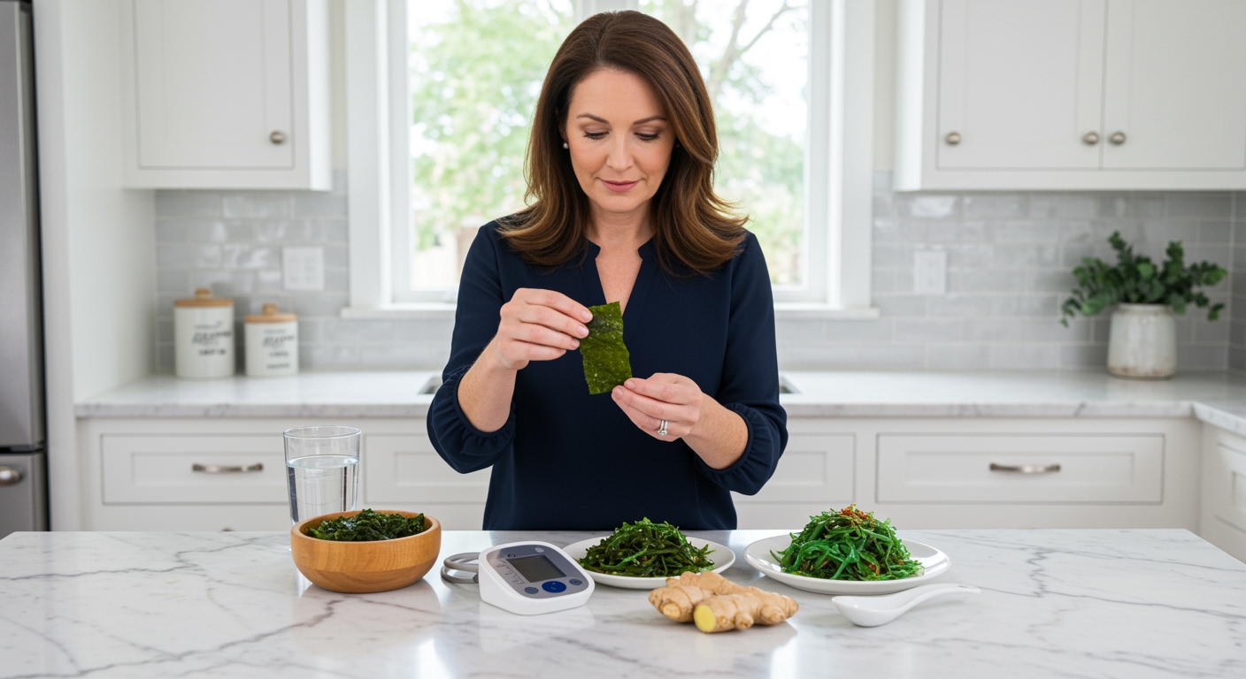 Middle-aged woman holding wakame seaweed behind marble counter with blood pressure monitor and seaweed products in modern kitchen