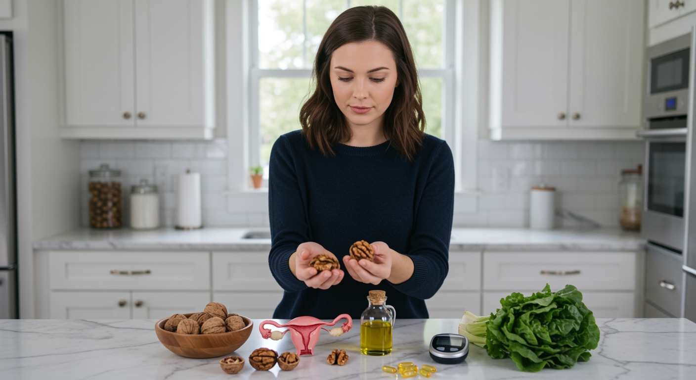 Woman holding walnuts with both hands while standing behind marble counter with health items and kitchen background visible