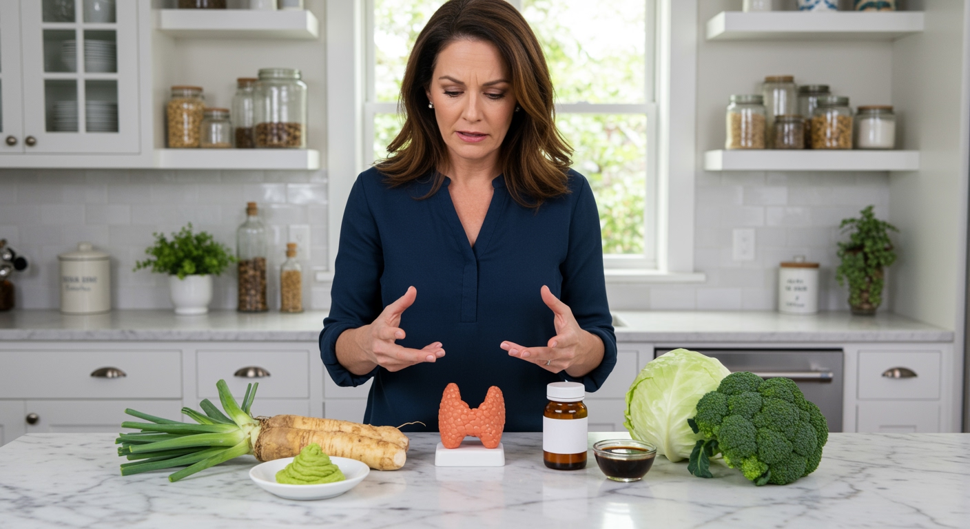 Woman standing behind marble counter examining wasabi paste, thyroid model, and related food items in bright modern kitchen