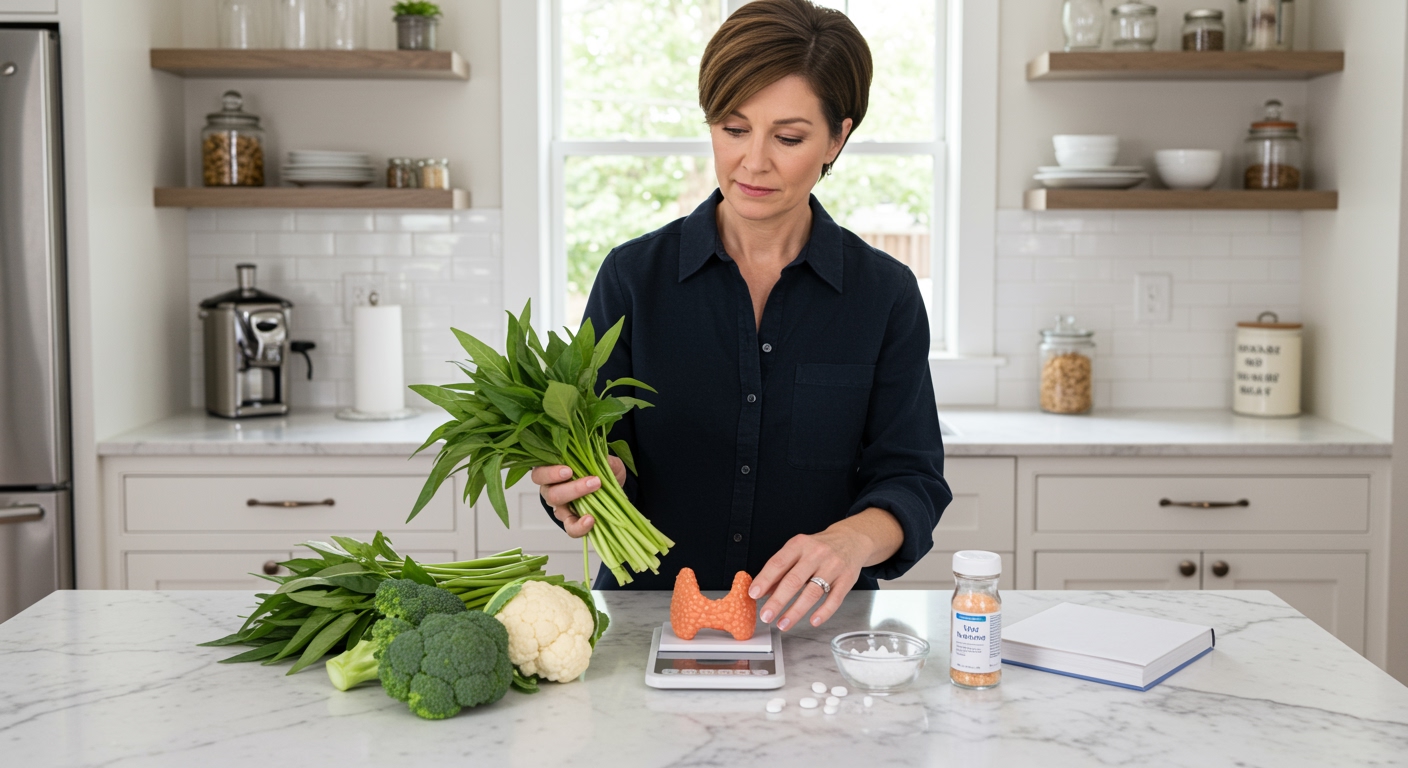 Woman holding water spinach with thyroid model on marble counter surrounded by vegetables and supplements in bright kitchen