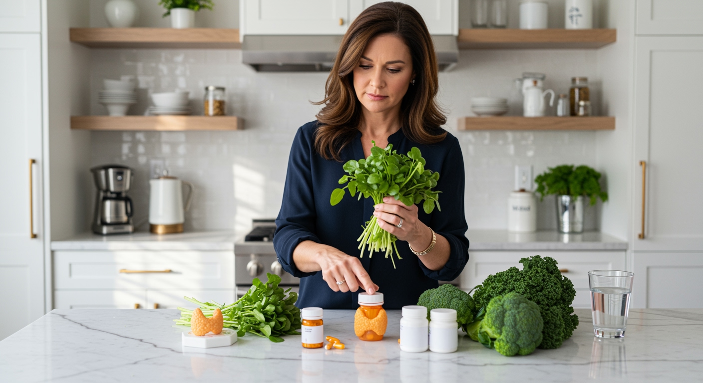 Woman holding watercress bunch while standing behind marble counter with thyroid model and supplements in bright modern kitchen
