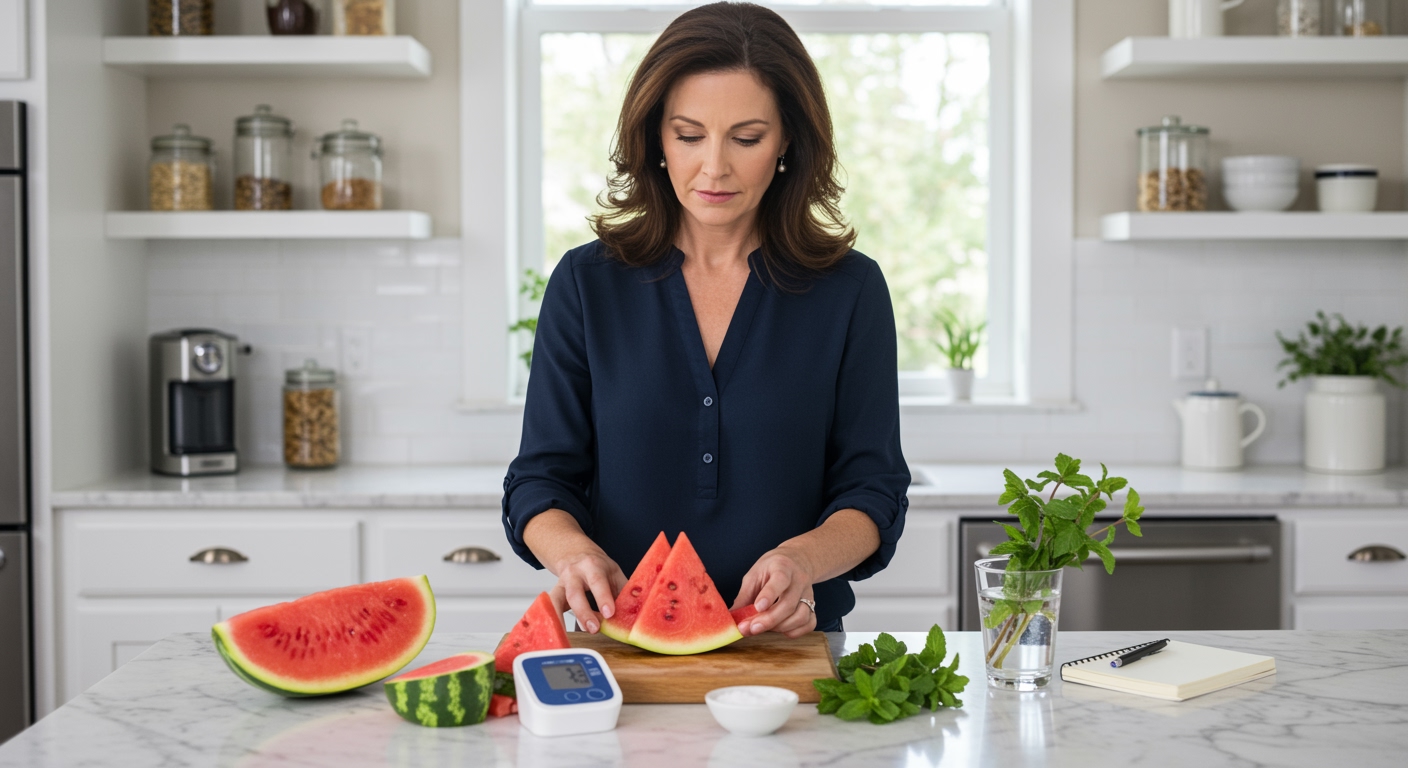 Woman examining watermelon slices on marble counter with blood pressure monitor and health items in bright modern kitchen