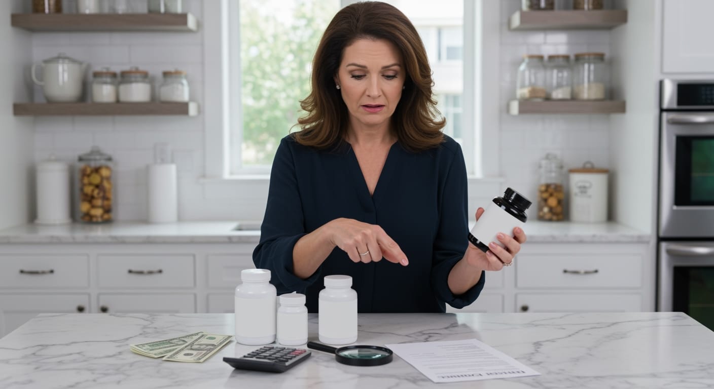 Woman holding supplement bottle while pointing at it with concerned expression, standing behind marble countertop with various bottles and documents