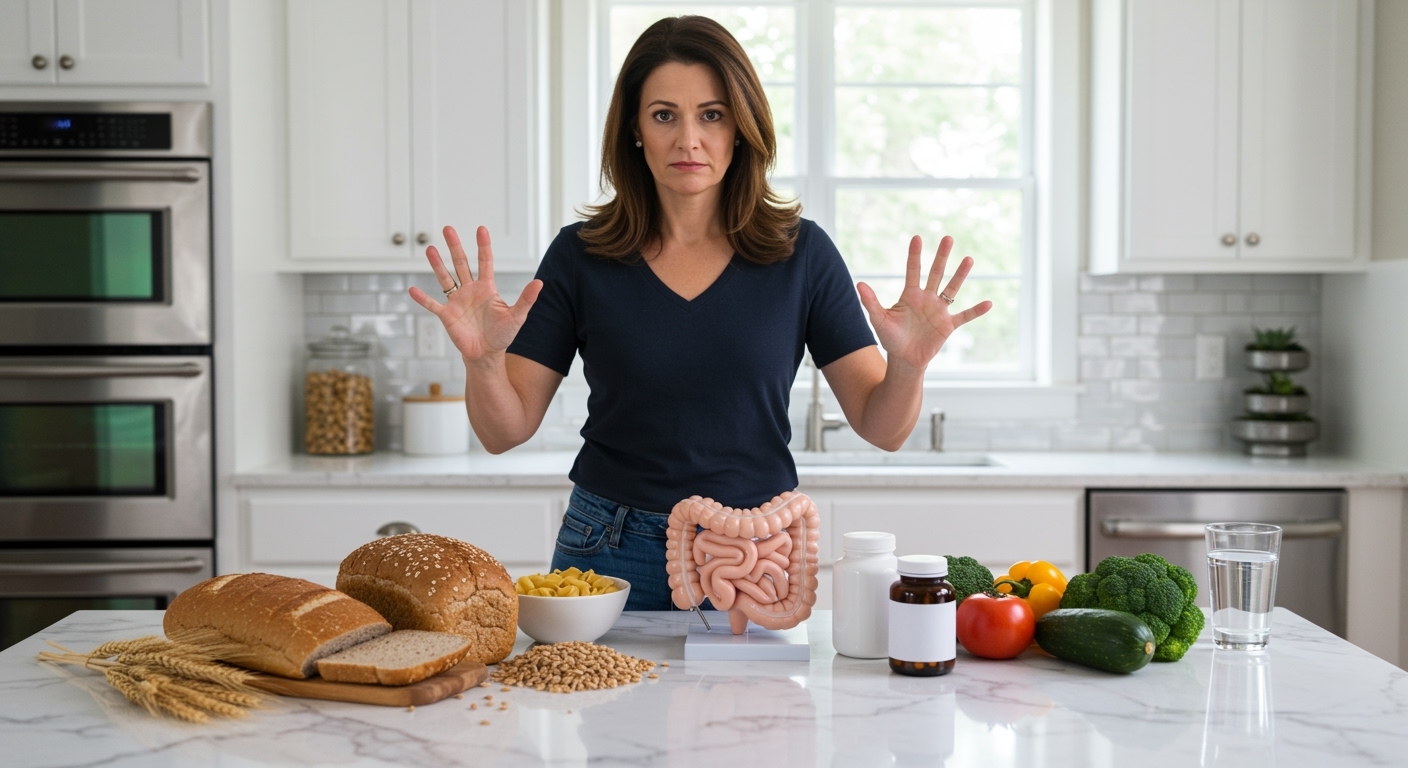Woman pointing at wheat bread on marble counter with pasta, grains, intestine model, supplements, and vegetables in bright kitchen