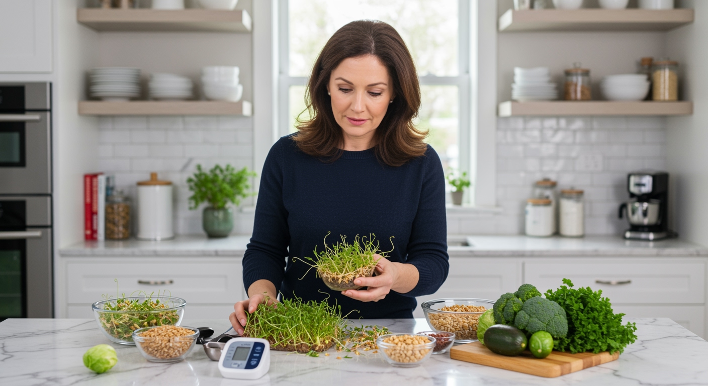 Middle-aged woman in navy sweater examining wheat sprouts in glass bowl on white marble counter with health items