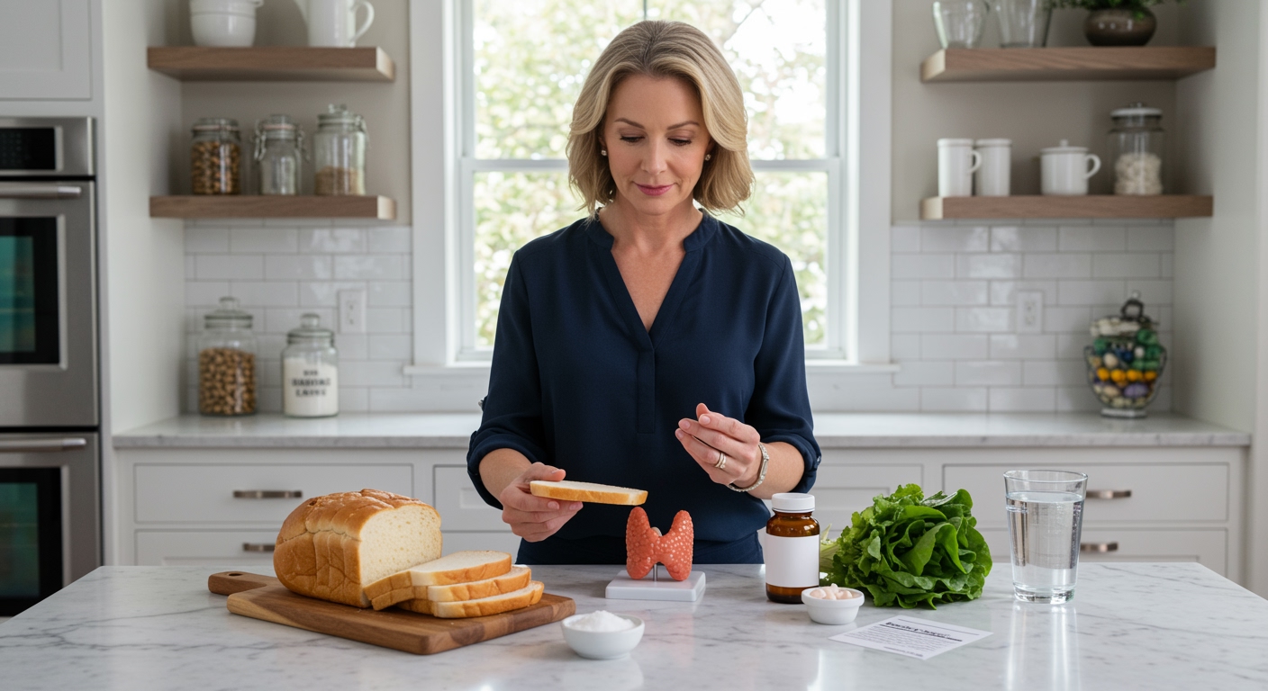 Middle-aged woman in navy blouse examining white bread slice while standing at marble counter with thyroid model and health items