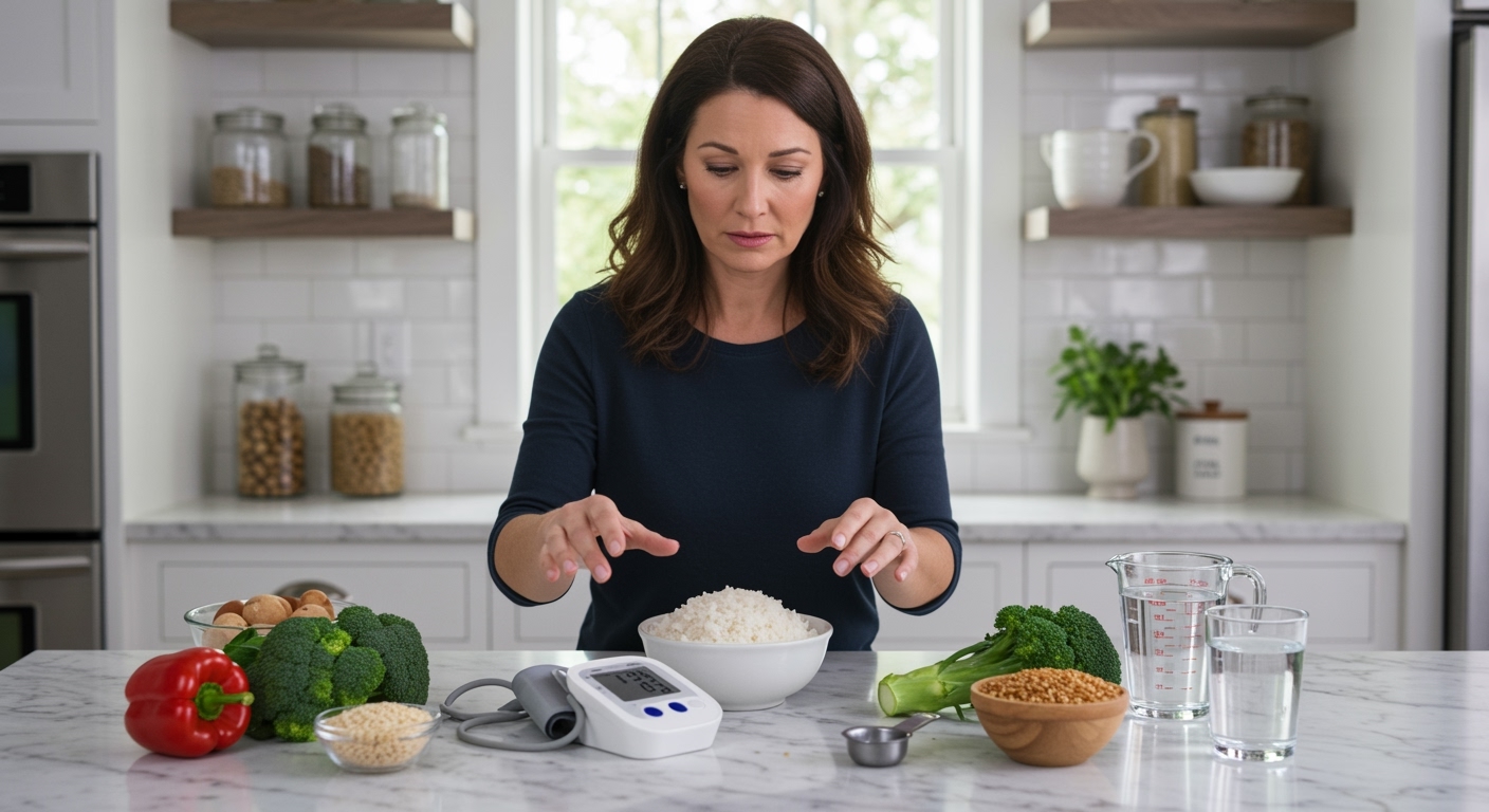 Woman standing behind marble counter examining bowl of white rice next to blood pressure monitor with vegetables and measuring cup visible