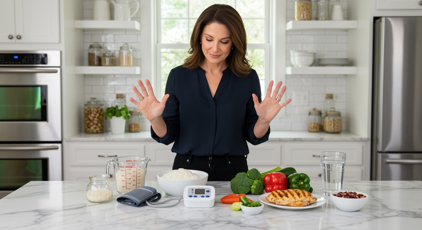 Middle-aged woman standing behind marble counter with white rice bowl, blood pressure monitor, measuring cup, vegetables, and protein