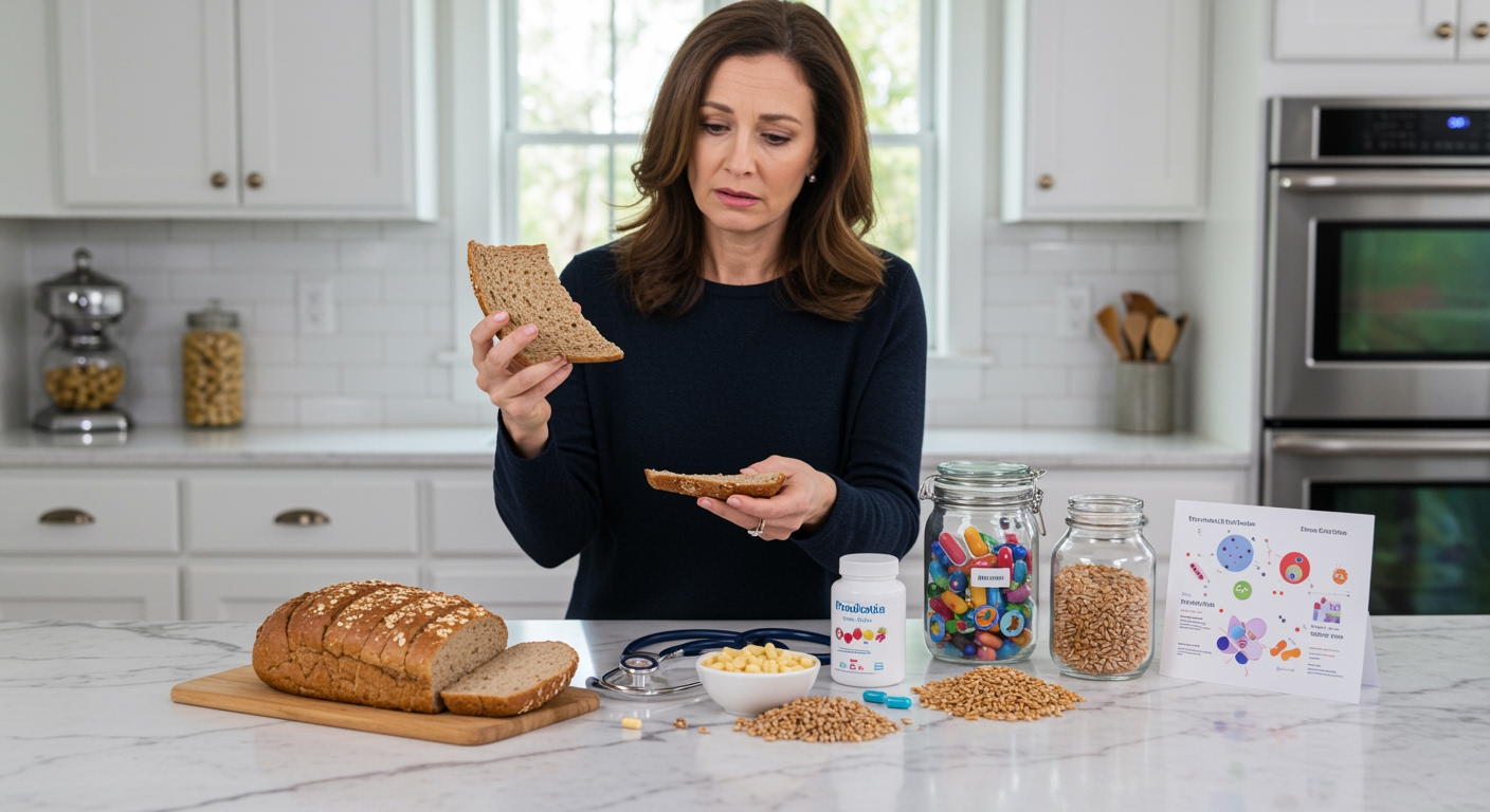 Middle-aged woman holding whole grain bread in modern kitchen with gut health related items on marble counter