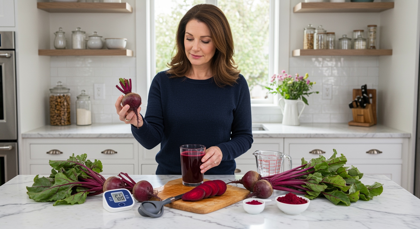 Woman holding wild beetroot behind marble counter with blood pressure monitor and beet products in bright modern kitchen