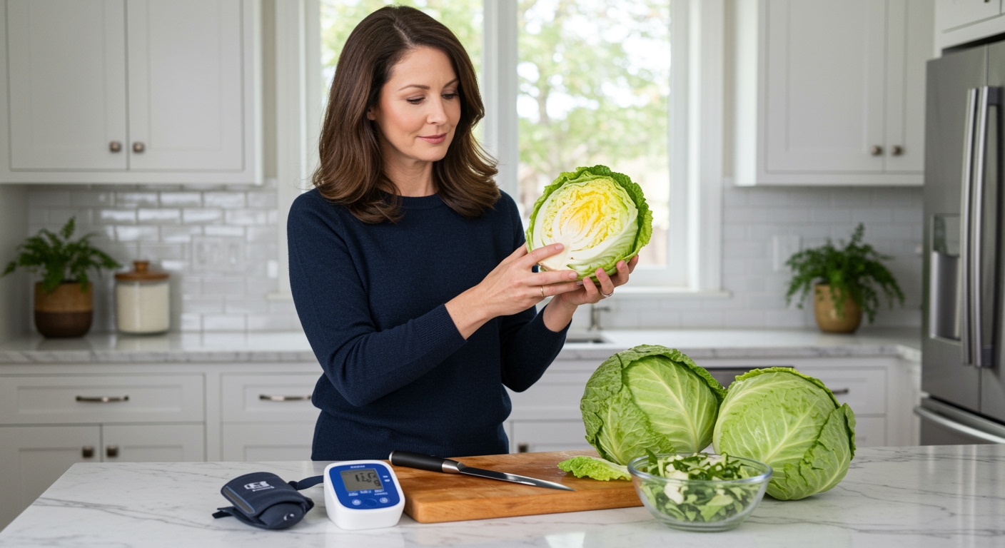 Woman holding wild cabbage while standing behind marble countertop with blood pressure monitor and vegetables in modern kitchen