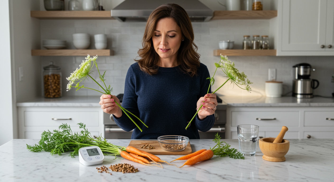 Woman examining wild carrot seeds in glass bowl with blood pressure monitor and carrot specimens on marble countertop