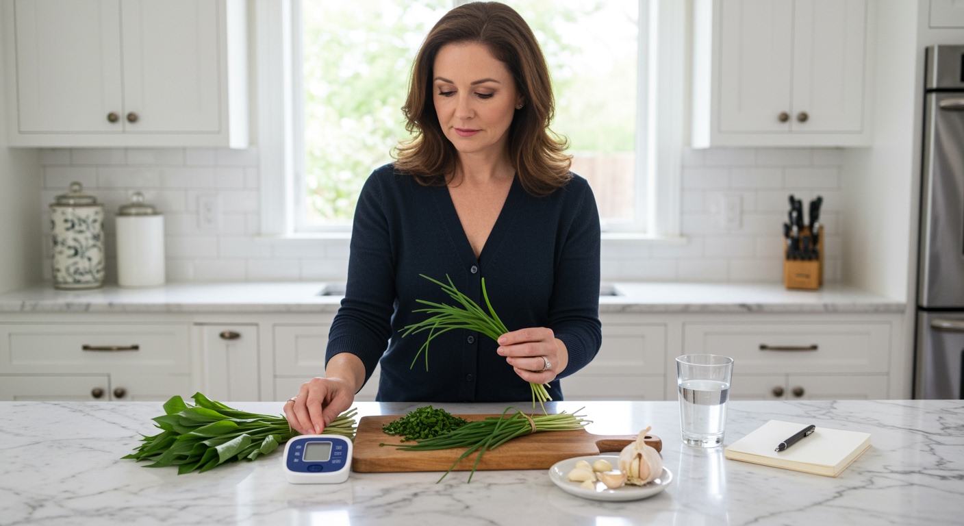 Middle-aged woman holding fresh wild chives while standing behind marble countertop with blood pressure monitor and herbs